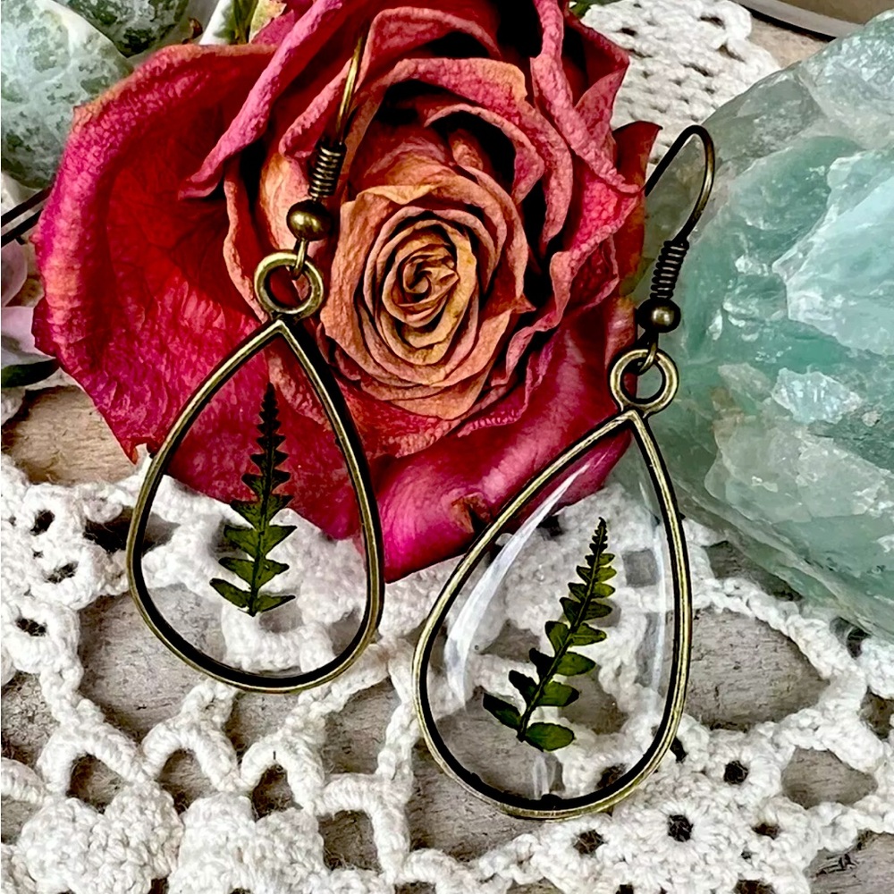 Handmade Fern Earrings Texas Native Dried Plant Boho Jewelry Gift Dangle Drop